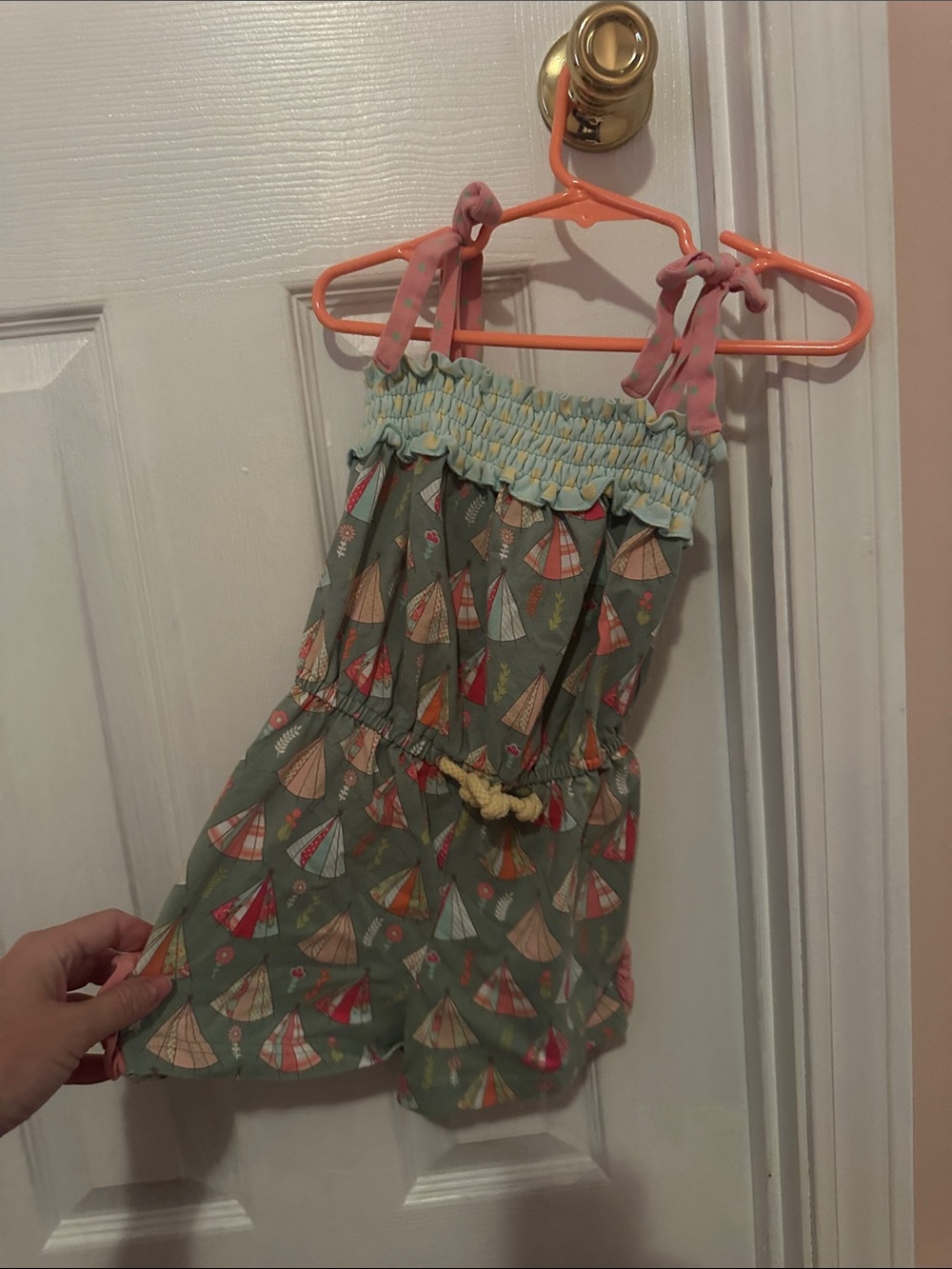 Matilda Jane Green Romper with Pink Ties and Yellow Trim